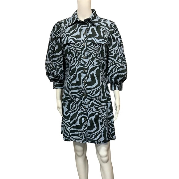 Ganni Blue Black Zebra Animal Print Puff Sleeve Mini Dress Size Small - Picture 6 of 11